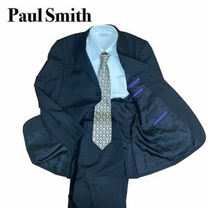 極美品 Paul Smith ポールスミス セットアップ スーツ 黒 ブラック3B ステッチ紫 パープル L 1スタ(1円スタート)