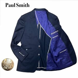 Paul Smith ポールスミスロンドン テーラードジャケット極美品 背抜き 花柄ライン 日本製 美シルエット 黒高級銀ボタン刻印 L