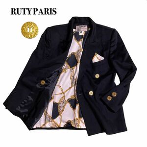 RUTY PARIS 金ボタン ダブルジャケット カシミヤ混ヴィンテージ ブラック黒 42 XL 大きいサイズ スカーフ柄 フランス製