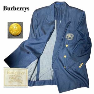 極美品 バーバリー テーラードジャケット ダブルジャケット 金ボタン 紺ブレ高級白タグ デニム シャドーホース刺繍ロゴ 7 Burberrys 1スタ 