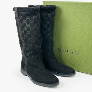 グッチ ムートンブーツ ロングブーツ GG柄 スエード 黒 ブラック 34 GUCCI ブーツ レディース GGシグネチャー モノグラム ロゴ柄 総柄