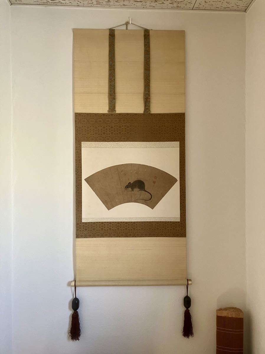 鼠扇面具纸挂轴挂轴日本艺术茶挂时期物品古董神器, 绘画, 日本画, 花鸟, 飞禽走兽