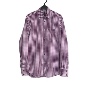 チェック柄シャツ チロルシャツ 長袖 メンズ Sサイズ 紫色 パープル系 ヨーロッパ 民族衣装 カントリー シャツ 古着