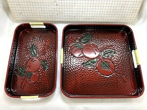 【菊水-9081】◆メーカー不明　木製漆器 　木彫 お盆　大小2サイズセット◆トレー／柿の絵柄／美術漆器（国産）◆ユーズド・中古　美品◆KT