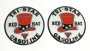 両面分 2枚セット ガスポンプランプ TRI-STAR RED HAT GASOLNE ガラス製 直径約34.5cm 看板 店頭 照明 アンティーク レトロ 雑貨