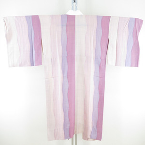 襦袢 縞文様に格子 桃色 紫色 正絹 バチ衿 袖無双 長襦袢 仕立て上がり カジュアル 身丈121cm