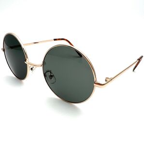 定番のレトロアイテム 60年代ファッション クラシックメタルラウンドサングラス ユニセックス UVカット ゴールド×グリーンレンズ
