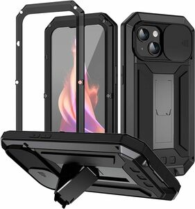 iPhone15Plus ケース ヘビーデューティ保護 強化ガラス内蔵 スタンド機能 360°全面保護 アイフォン15プラス 金属ケース 三防アルミケース