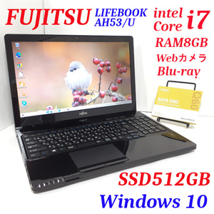 《Core i7/新品SSD512G換装/Webカメラ内蔵》LIFEBOOK AH53/U☆Core i7-4722HQ(Max3.40GHz)/メモリ8Ｇ/Bluetooth/Blu-ray/Win10 Ver.22H2