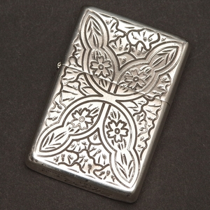 中古　ZIPPO　STERLING　銀　筆記体　2面彫刻加工　斜体字　イタリック体　和柄　桜　花柄　1980年代