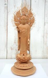 伝統工芸　工芸美術　仏教 ＊大型　特大　48cm ＊阿弥陀如来立像　仏像　佛像　立像＊白木　彫刻　精密彫刻 　円座(丸台座）白毫入　