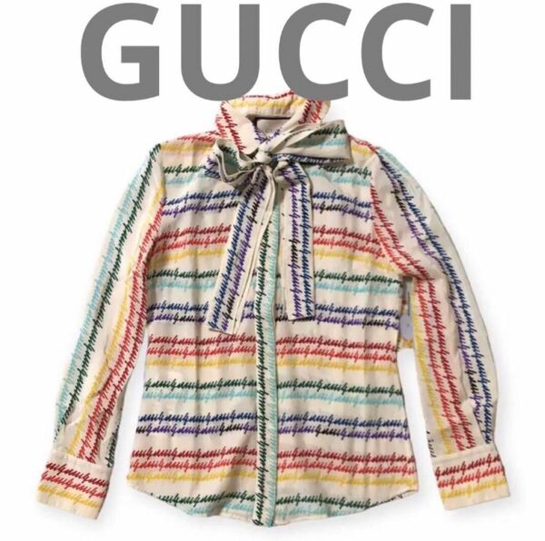 GUCCI グッチ　長袖ボウタイブラウス シルク100% リボン　イタリア製