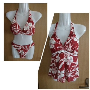 * hibiscus pattern. bikini 3 point set * dark red × white * camisole attaching * size 11L*