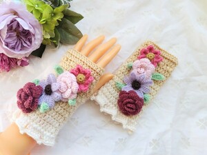 ◎Crochet　ウール ハンドウォーマー　アームウォーマー　手編み　ハンドカバー　手袋　ハンドメイド ８◎