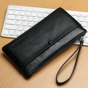 クラッチバック　セカンドバッグ　本皮　本革　高級牛革使用　多機能　ストラップ付　送料無料　小型　財布として併用可能　ブラック