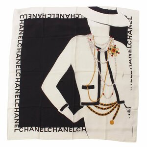 【シャネル】Chanel　マドモアゼル シルク スカーフ ブラック×ホワイト 【中古】【正規品保証】196424