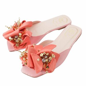 【ロジェヴィヴィエ】Roger Vivier　VIV Fireflower サテン フラワー フラットサンダル ミュール ピンク 40 未使用【中古】196302