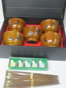 天然木漆器 うるし食器 蝶彫り 汁椀+鉄木箸+箸置き5客揃