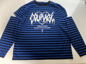 ｚ訳あり■大サイズ３Ｌ■袖スリットロゴ入りボーダーＴシャツ■ブルー