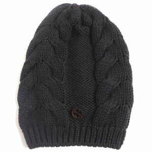 極美品▼GUCCI グッチ 300052 4G206 ウッドGGロゴ付き ウール100% ケーブルニットキャップ/帽子 ダークブラウン M メンズ イタリア製