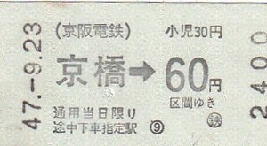京阪券売機A型金額式乗車券京橋駅発行S47