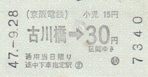 京阪券売機A型金額式乗車券古川橋駅発行S47