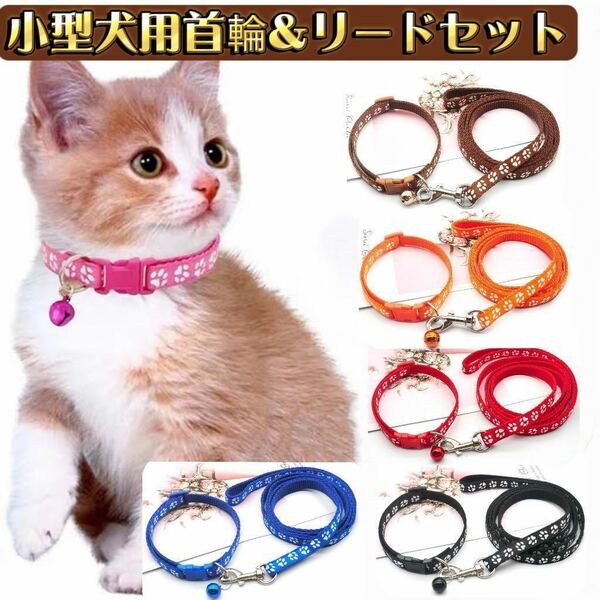 2色セット 首輪リード 首輪とリード セット ペット用品 ペットグッズ 犬用 イヌ ドッグ 猫用 小型犬 足跡柄 使いやすい