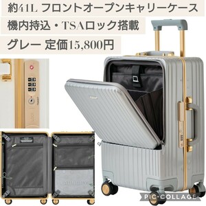 新品☆定価15,800円 グレー☆RIOU 約41L 1〜3泊 機内持ち込み フロントオープン キャリーケース スーツケース キャリーバッグ TSAロック付