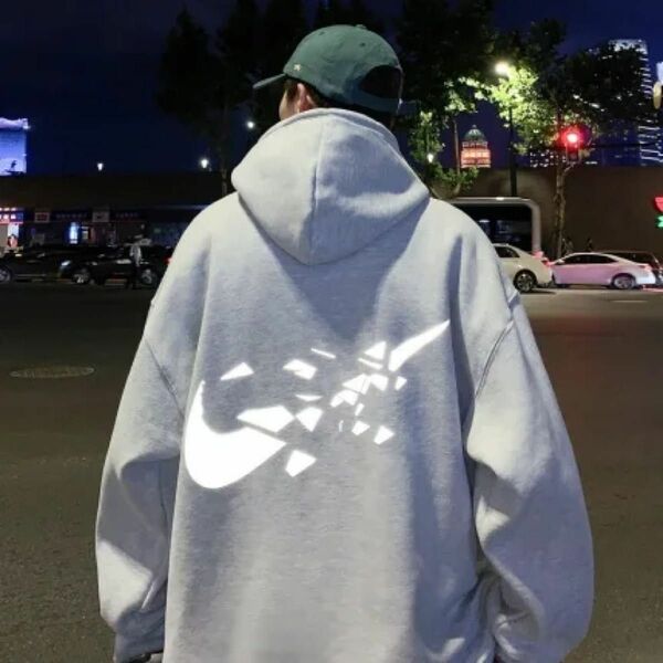 韓国 ストリート メンズ 光る ロゴ フード パーカー 長袖 グレー