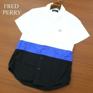 FRED PERRY フレッドペリー 春夏 半袖 ブロード切替★ ロゴ刺繍 ピンオックス シャツ Sz.XS　メンズ 白 × 青 × 黒　A2T08618_7#A