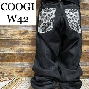 COOGI クージー ブラックデニム ブラックジーンズ w42 刺繍 黒 ストリート b系 ペイズリー柄 y2k b系 古着 オーバーサイズ ビッグサイズ