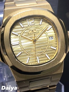 新品 TECHNOS テクノス 正規品 ゴールド 金 カレンダー オールステンレス クォーツ アナログ腕時計 多機能腕時計 5気圧防水 限定モデル