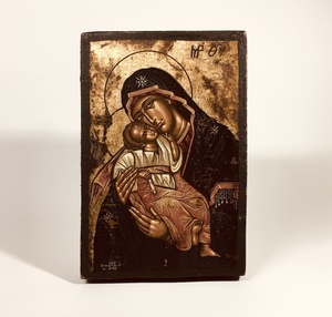 1200：宗教美術　イコン　ロシア正教　聖母マリア　イエスキリスト　木製壁掛け　肉筆画　テンペラ？　金彩