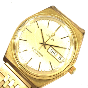 1円 オメガ 腕時計 シーマスター Seamaster デイデイト ゴールドカラー 3針 自動巻き メンズ 社外ベルト 稼働 OMEGA