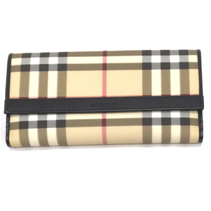 1円 バーバリー ロンドン 二つ折り 長財布 ノバチェック ボタン開閉 PVC レザー ベージュ 保存袋 箱付 BURBERRY