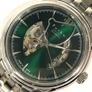 1円 フルボ 腕時計 F5025 ラウンド オープンハート 緑文字盤 シルバーカラー 自動巻き メンズ 純正ベルト 稼働
