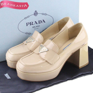 PRADA/プラダ ローファーパンプス 靴 チャンキーヒール トライアングルロゴ エナメル 34 1/2 21.5cm ベージュ [NEW]★52LA66