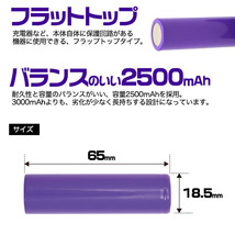 18650 リチウムイオンセル 充電池 2500mAh PSE技術基準適合　フラットトップ(保護回路なし)電子タバコ 懐中電灯_画像3