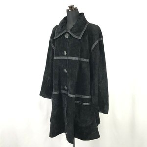 80s90s?日本製☆エフタカコ/F.TAKAKO☆スエードレザーコート【レディースM/黒/black】肩パット/レトロ/JAPAN/vintage/Coats/Jakets◇mBH318