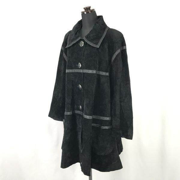 80s90s?日本製☆エフタカコ/F.TAKAKO☆スエードレザーコート【レディースM/黒/black】肩パット/レトロ/JAPAN/vintage/Coats/Jakets◇mBH318