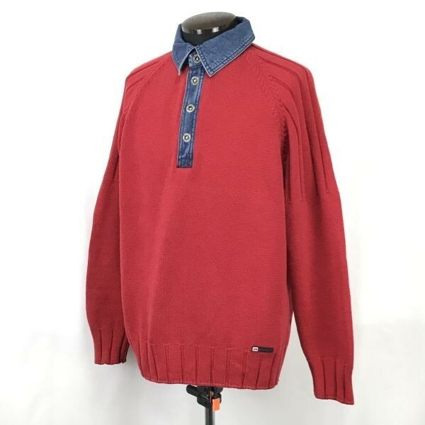 90s?/デンマーク製☆ブルーウィリーズ/blue willi's☆デニム襟/ポロシャツ型セーター【メンズM/赤/red】Tops/Shirts/Sweater◇mBH357