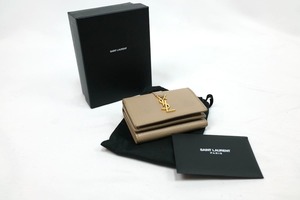 中古 SAINT LAURENT YSL ロゴ イヴサンローラン 三つ折り 財布 ミニ ウォレット ベージュ