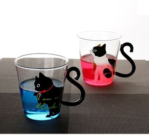 ガラスカップ 2個セット ペア かわいい猫柄 透明 耐熱ガラス 透明 コーヒーカップ グラスコップ ティーカップ お茶 コーヒー ミルク 