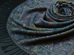 blakafee #BF-0309 極上 カシミア 大判 ストール【ブラック/パープル系/Botanical pattern】High Quality Pashmina Collection