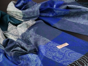 blakafee #BF-0291 極上 パシュミナ 大判 ストール【ブルー系/ブロックチェック】High Quality Pashmina Collection