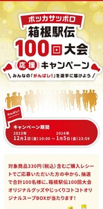 レシート懸賞応募、箱根駅伝100回大会キャンペーン、スポーツタオルなど当たる！Wチャンスあり。締切2024年1月5日