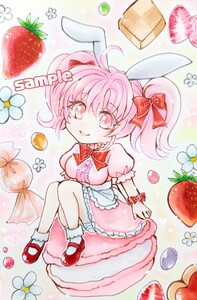 手描きイラスト 原画 うさみみメイド スイーツ ピンク髪 オリジナル 一次創作