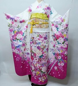  long-sleeved kimono silk kimono single goods brand new 100 flower .. lame gold piece . white color × pink coming-of-age ceremony betrothal present wedding new goods ( stock ) cheap rice field shop NO39559