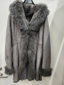ブルーフォックス 羊革 セミロング コート ロングコート ファー付き グレー系 レディース 現状販売