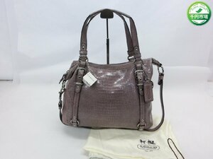 【N-5282】COACH コーチ クロコダイル 型押し エナメル 2way ショルダー バッグ 15384 パープル系 タグ付き【千円市場】